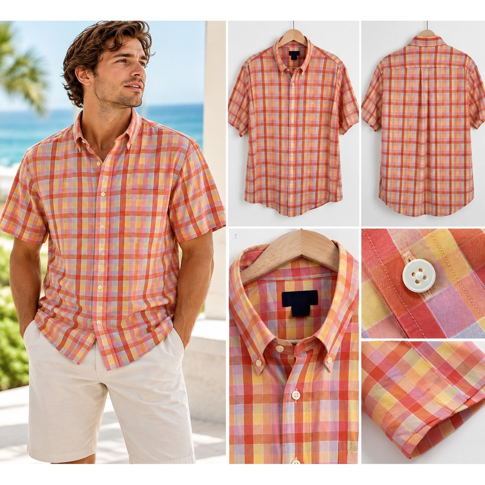 Brooks Brothers 346 Men L Multicolor Plaid Pima Cotton Short Sleeve Shirt Preppy